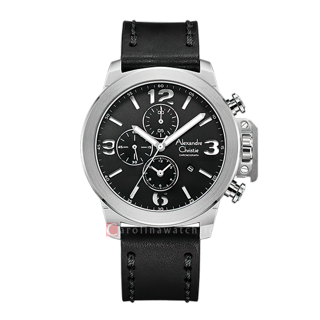 Jam Tangan Alexandre Christie Chronograph AC 6280 GCLSSBASL Men Black Dial Black Leather Strap