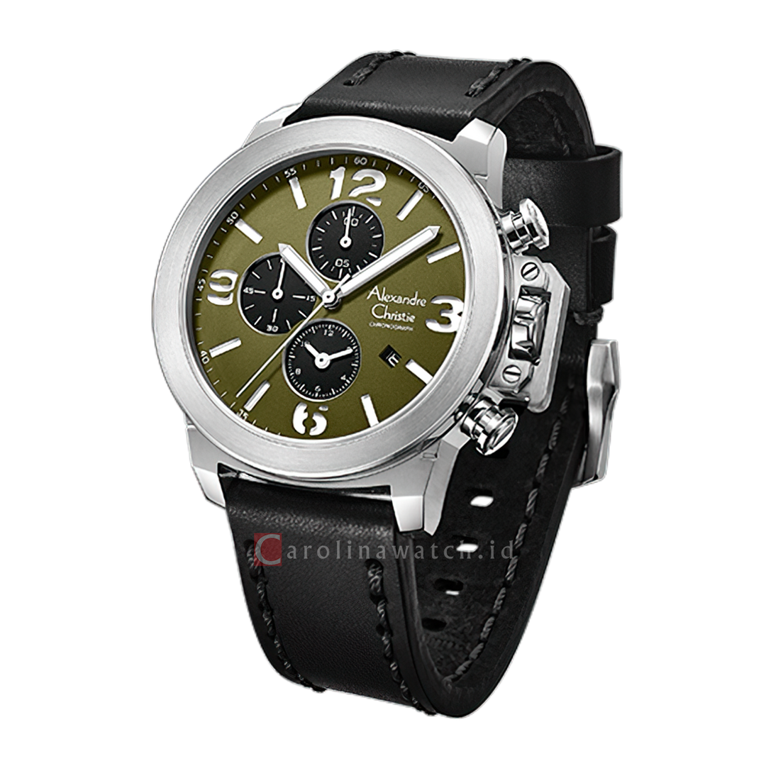 Jam Tangan Alexandre Christie Chronograph AC 6280 GCLSSGN Men Green Dial Black Leather Strap