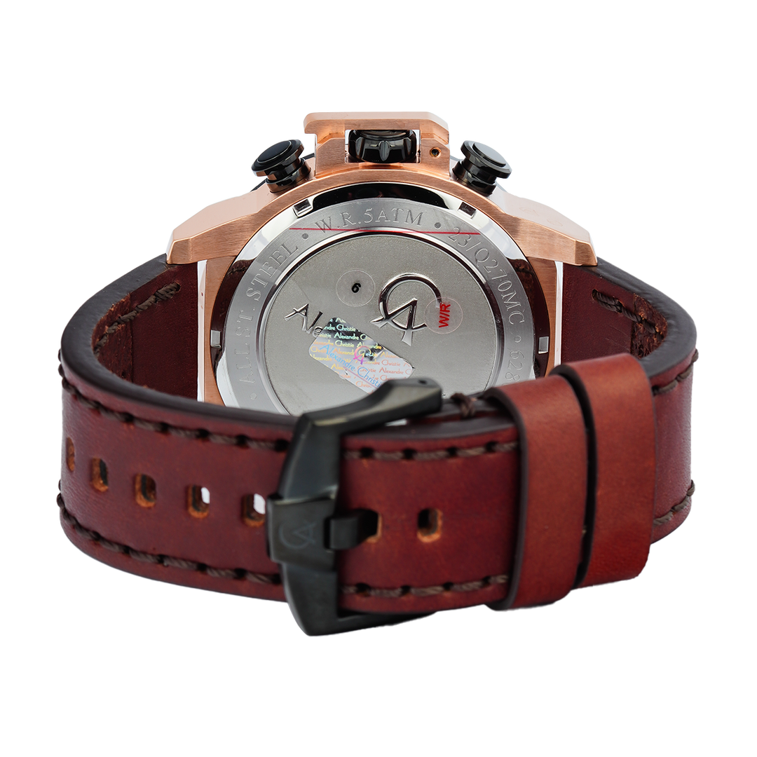 Jam Tangan Alexandre Christie Chronograph AC 6280 MCLBRBASL Men Black Dial Brown Leather Strap