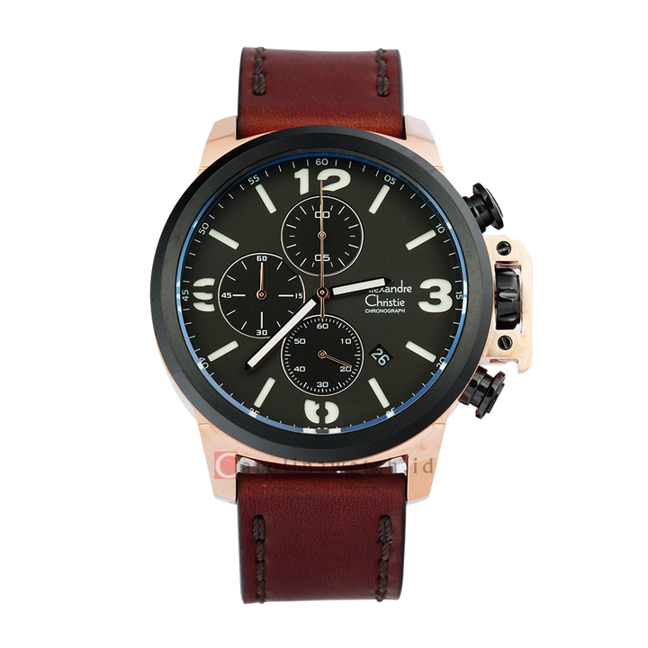 Jam Tangan Alexandre Christie Chronograph AC 6280 MCLBRBASL Men Black Dial Brown Leather Strap