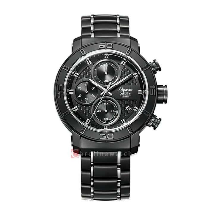 Jam Tangan Alexandre Christie Chronograph AC 6292 MCBIPBA Men Black Dial Stainless Steel With Ceramic Strap