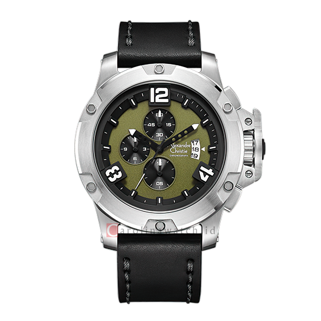 Jam Tangan Alexandre Christie Chronograph AC 6295 MCLSSGN Men Green Dial Black Leather Strap