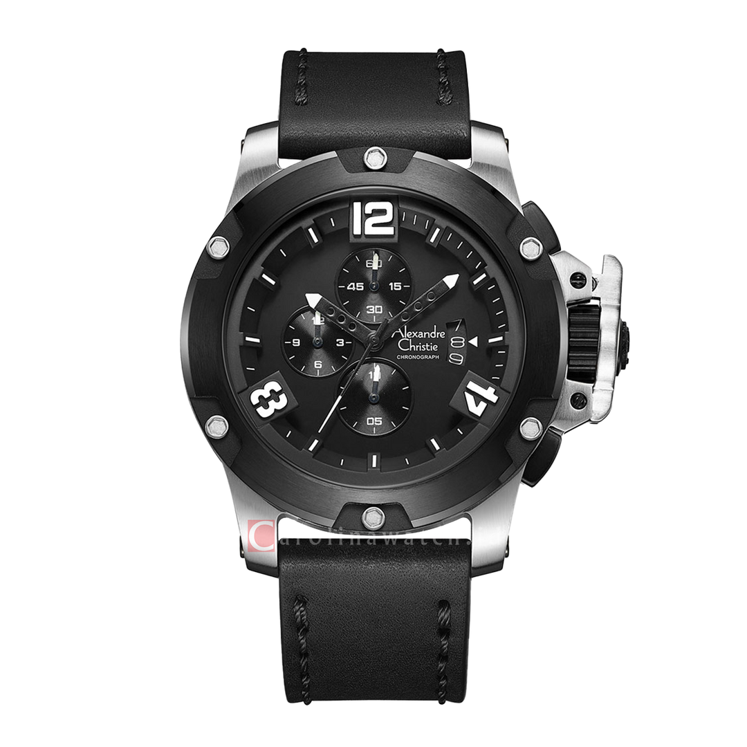 Jam Tangan Alexandre Christie Chronograph AC 6295 MCLTBBA Men Black Dial Black Leather Strap