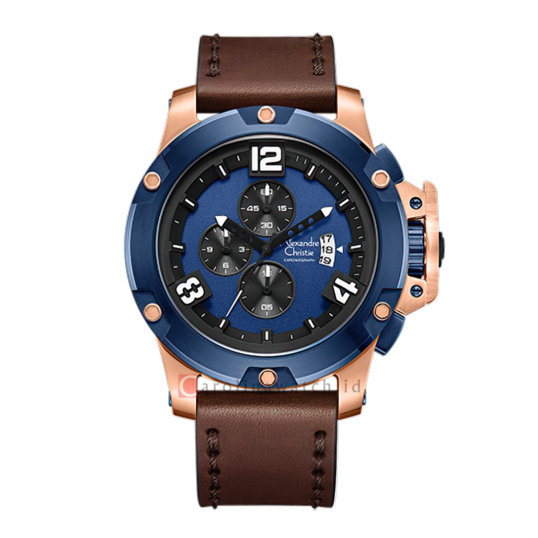 Jam Tangan Alexandre Christie Chronograph AC 6295 MCLURBU Men Blue Dial Brown Leather Strap