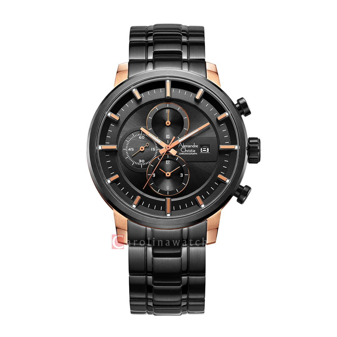 Jam Tangan Alexandre Christie Chronograph AC 6323 MCBBRBA Men Black Dial Black Stainless Steel Strap