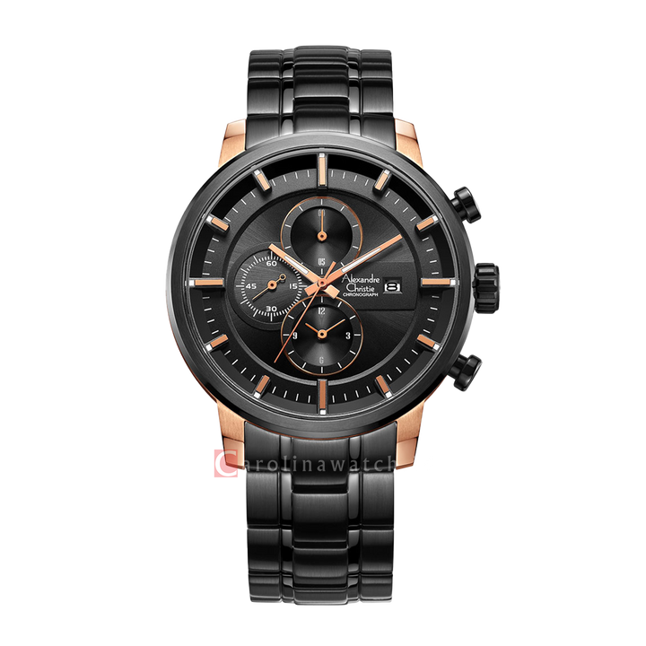 Jam Tangan Alexandre Christie Chronograph AC 6323 MCBBRBA Men Black Dial Black Stainless Steel Strap