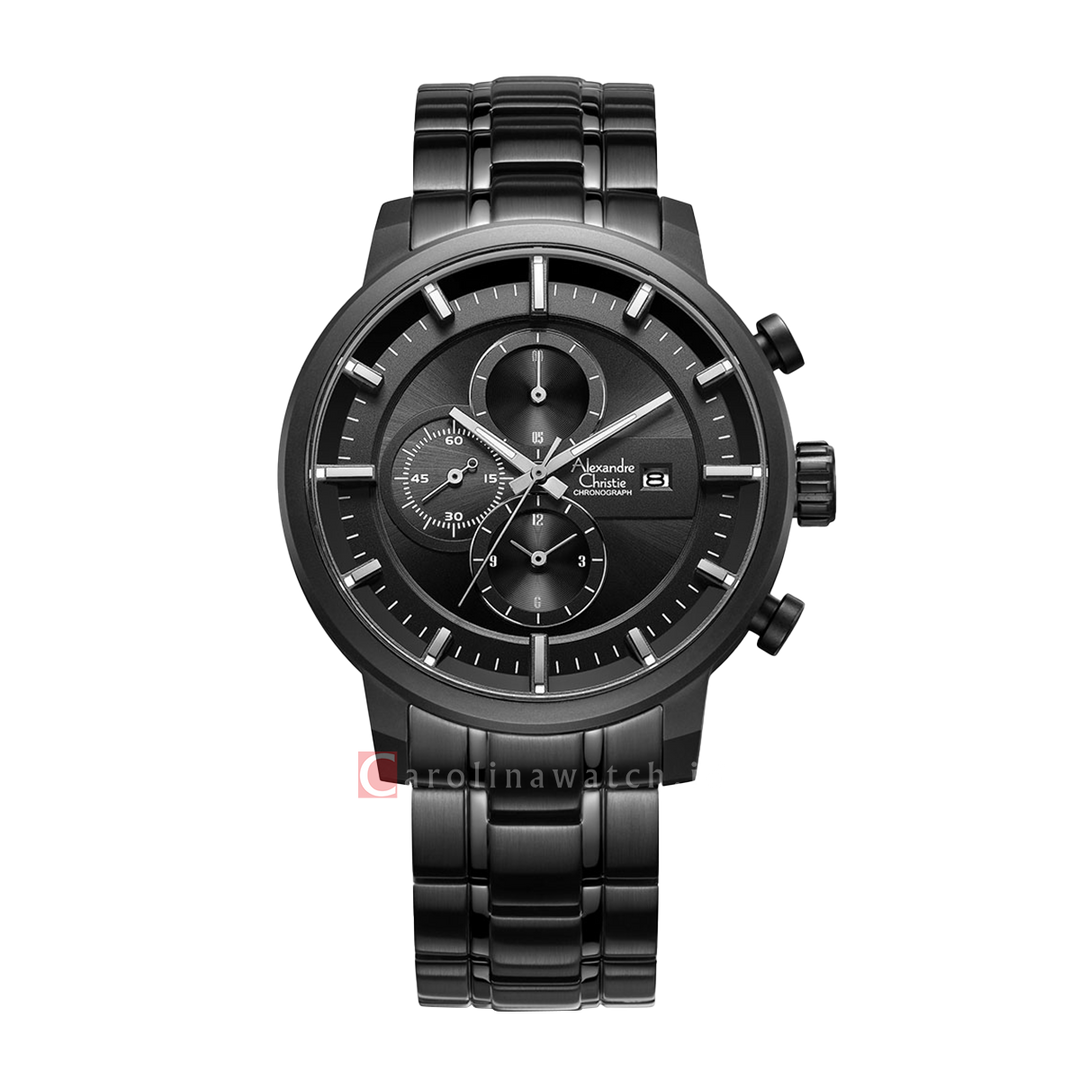 Jam Tangan Alexandre Christie Chronograph AC 6323 MCBIPBA Men Black Dial Black Stainless Steel Strap