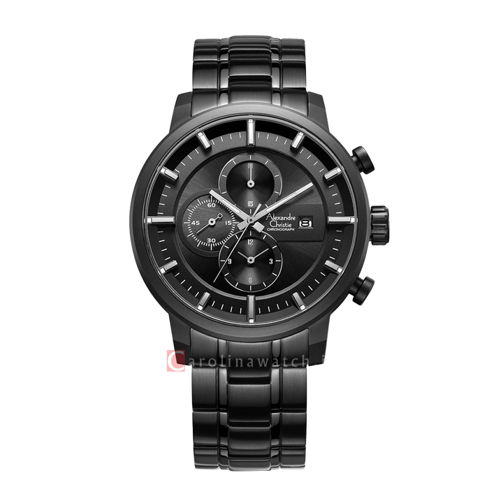 Jam Tangan Alexandre Christie Chronograph AC 6323 MCBIPBA Men Black Dial Black Stainless Steel Strap