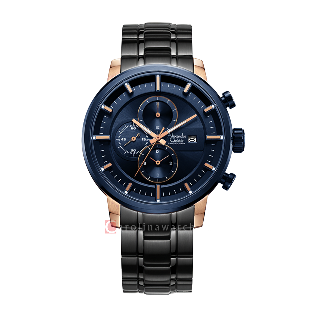 Jam Tangan Alexandre Christie Chronograph AC 6323 MCBURBU Men Dark Blue Dial Black Stainless Steel Strap