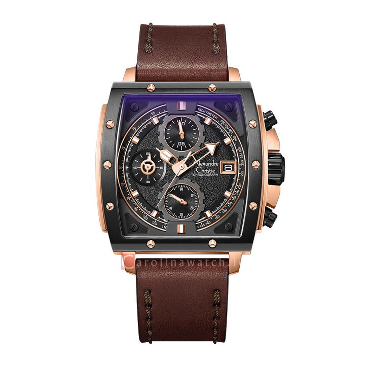 Jam Tangan Alexandre Christie Chronograph AC 6376 MCLBRBA Unisex Black Dial Brown Leather Strap