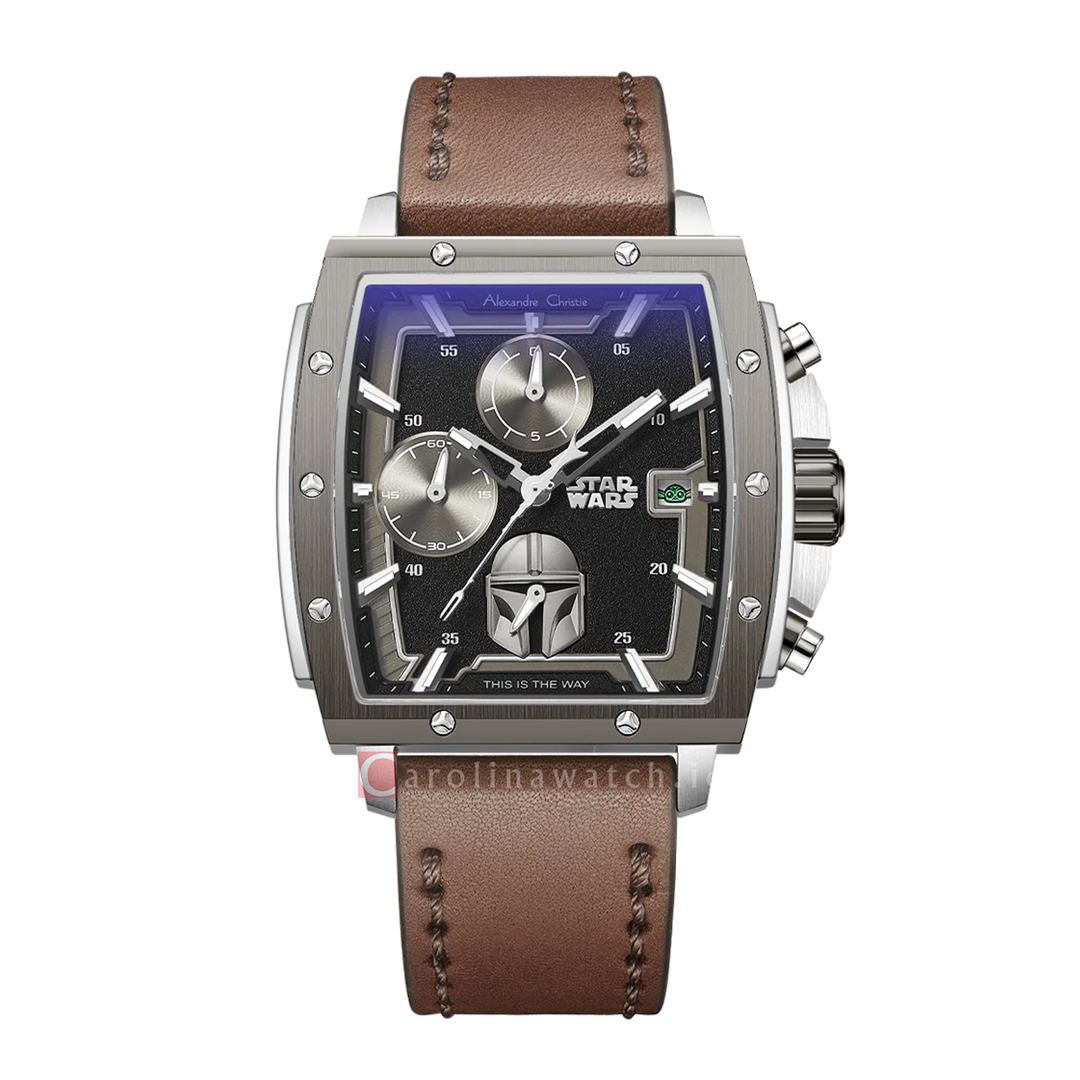 Jam Tangan Alexandre Christie x Star Wars AC 6376 MCLMD1 Men Black Dial Brown Leather Strap The Mandalorian Limited Edition