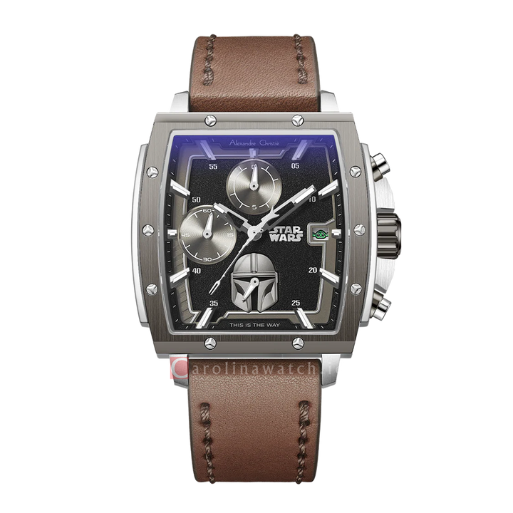 Jam Tangan Alexandre Christie x Star Wars AC 6376 MCLMD1 Men Black Dial Brown Leather Strap The Mandalorian Limited Edition