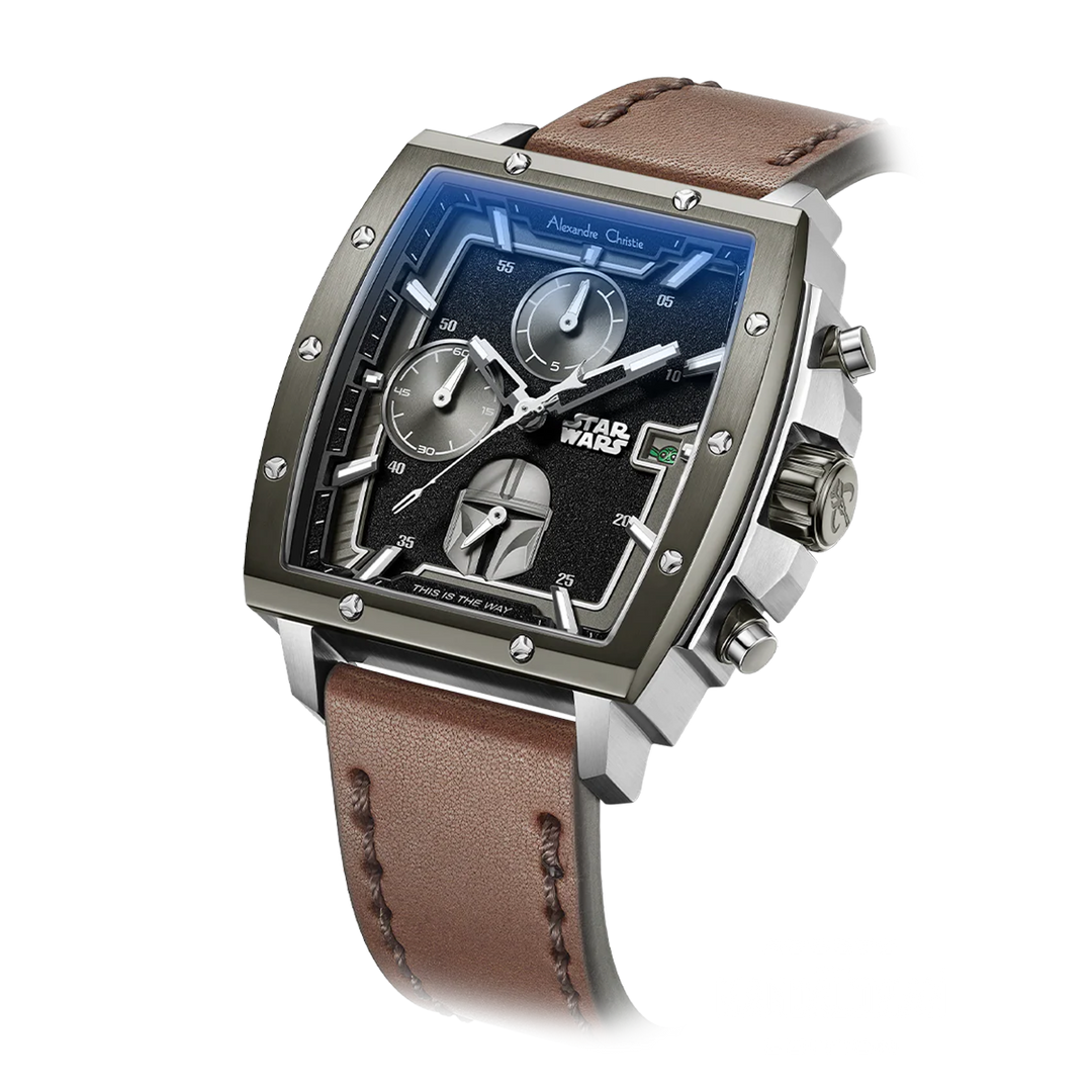 Jam Tangan Alexandre Christie x Star Wars AC 6376 MCLMD1 Men Black Dial Brown Leather Strap The Mandalorian Limited Edition