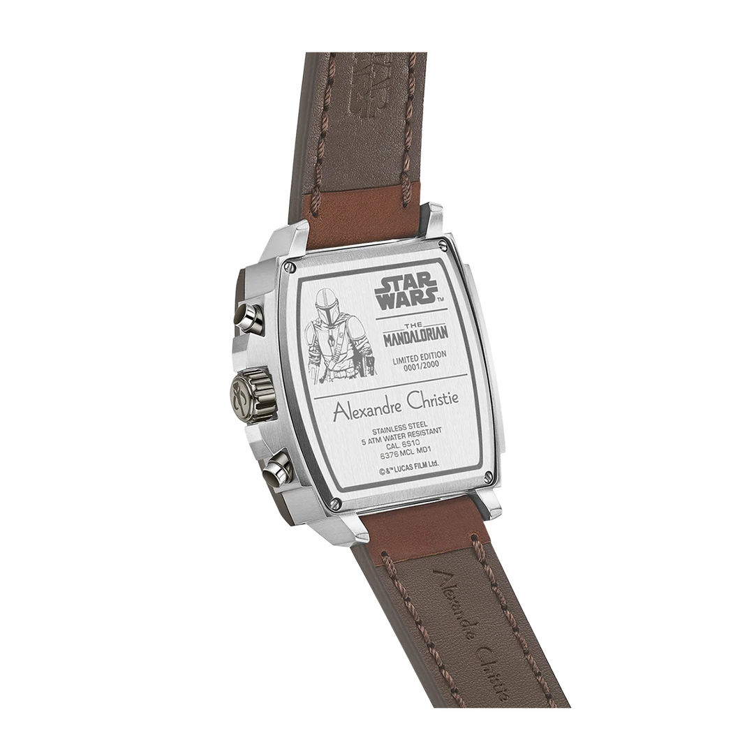 Jam Tangan Alexandre Christie x Star Wars AC 6376 MCLMD1 Men Black Dial Brown Leather Strap The Mandalorian Limited Edition