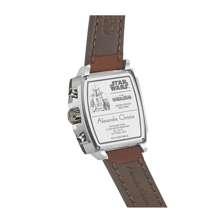 Jam Tangan Alexandre Christie x Star Wars AC 6376 MCLMD1 Men Black Dial Brown Leather Strap The Mandalorian Limited Edition