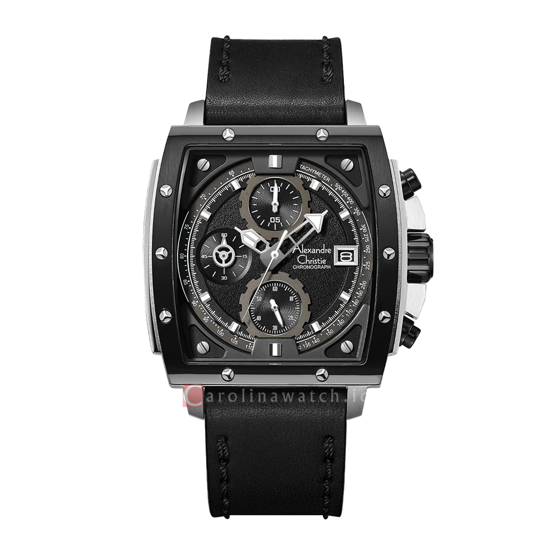 Jam Tangan Alexandre Christie Chronograph AC 6376 MCLTBBA Men Black Dial Black Leather Strap