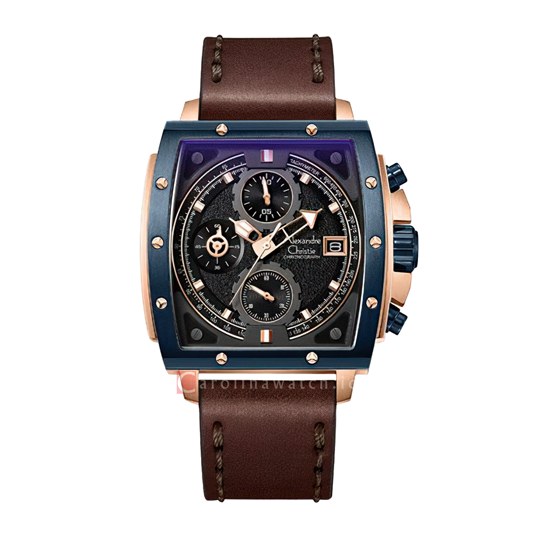 Jam Tangan Alexandre Christie Chronograph AC 6376 MCLURBA Unisex Black Dial Brown Leather Strap