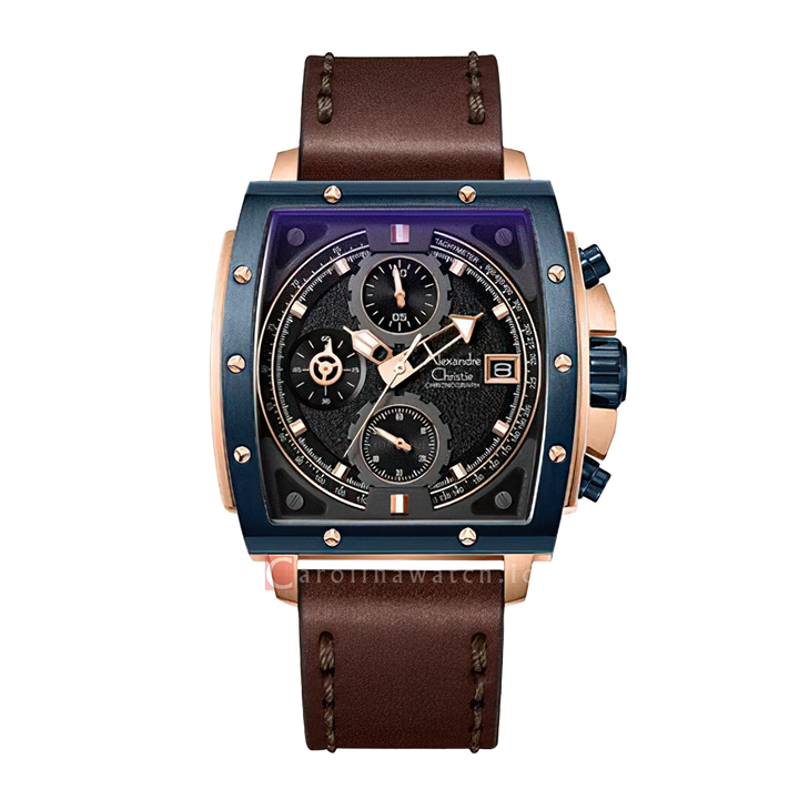 Jam Tangan Alexandre Christie Chronograph AC 6376 MCLURBA Unisex Black Dial Brown Leather Strap