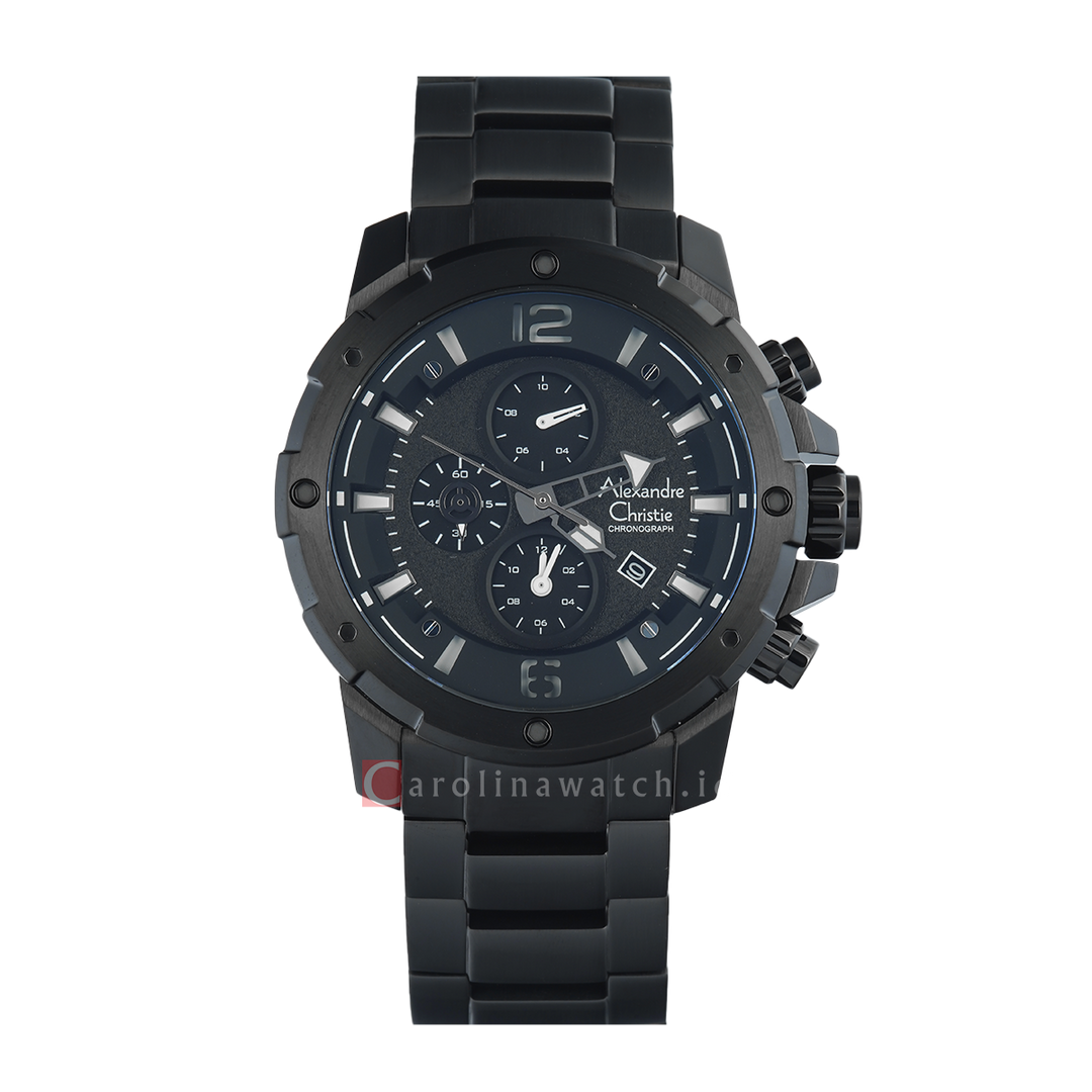 Jam Tangan Alexandre Christie Chronograph AC 6410 MCBIPBA Men Black Dial Black Stainless Steel Strap