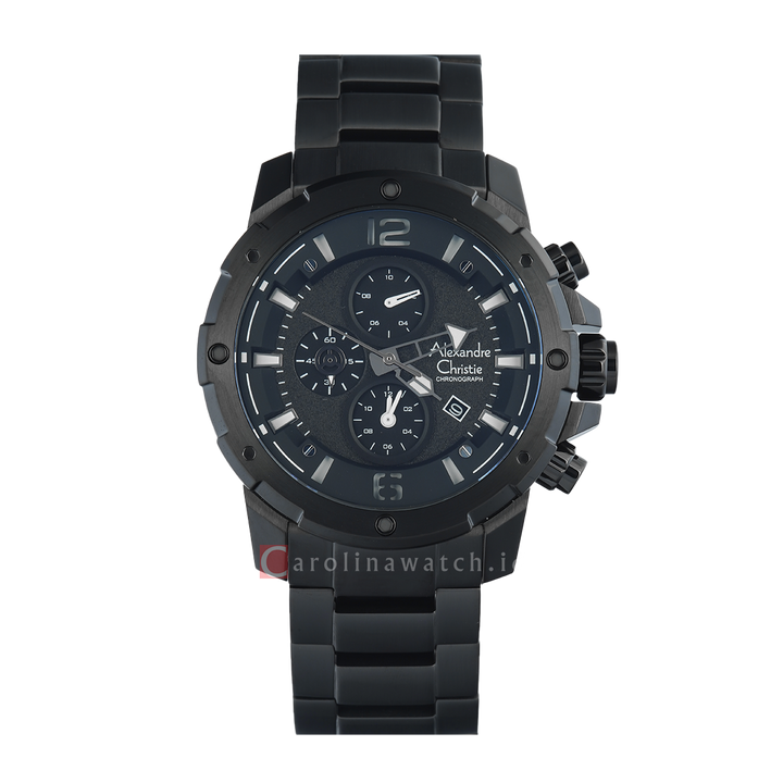 Jam Tangan Alexandre Christie Chronograph AC 6410 MCBIPBA Men Black Dial Black Stainless Steel Strap