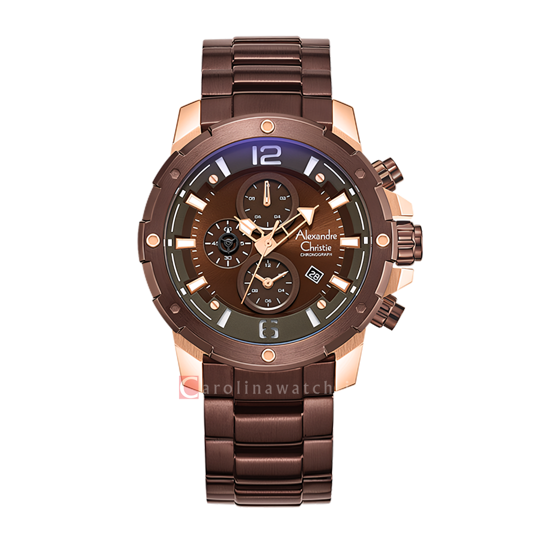 Jam Tangan Alexandre Christie Chronograph AC 6410 MCBROBO Men Brown Dial Brown Stainless Steel Strap