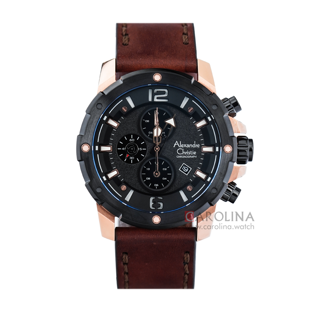 Jam Tangan Alexandre Christie AC 6410 MCLBRBA Men Black Dial Brown Leather Strap