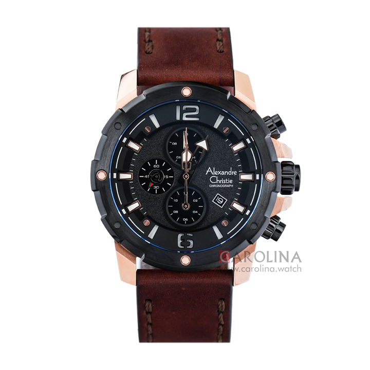 Jam Tangan Alexandre Christie AC 6410 MCLBRBA Men Black Dial Brown Leather Strap