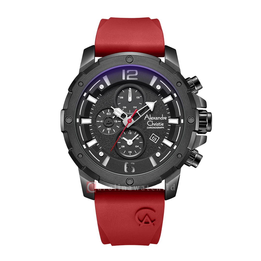 Jam Tangan Alexandre Christie Chronograph AC 6410 MCRIPBARE Men Black Dial Red Rubber Strap