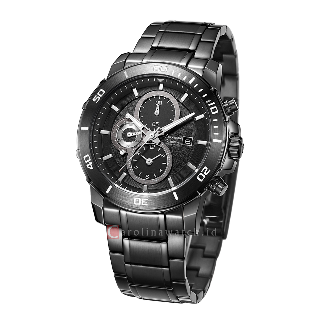 Jam Tangan Alexandre Christie Chronograph AC 6473 MCBIPBA Men Black Dial Black Stainless Steel Strap