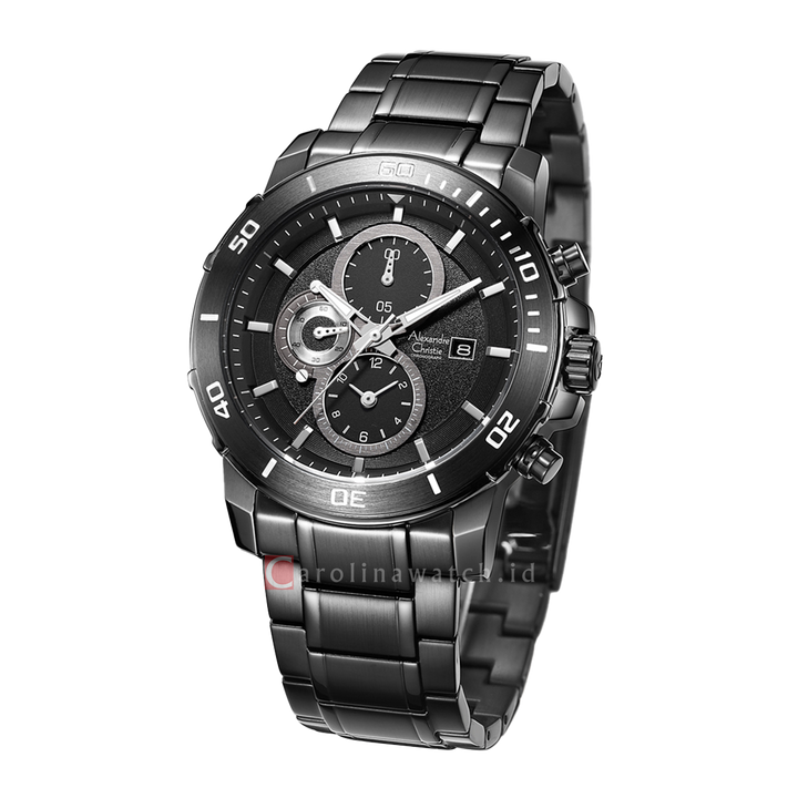 Jam Tangan Alexandre Christie Chronograph AC 6473 MCBIPBA Men Black Dial Black Stainless Steel Strap