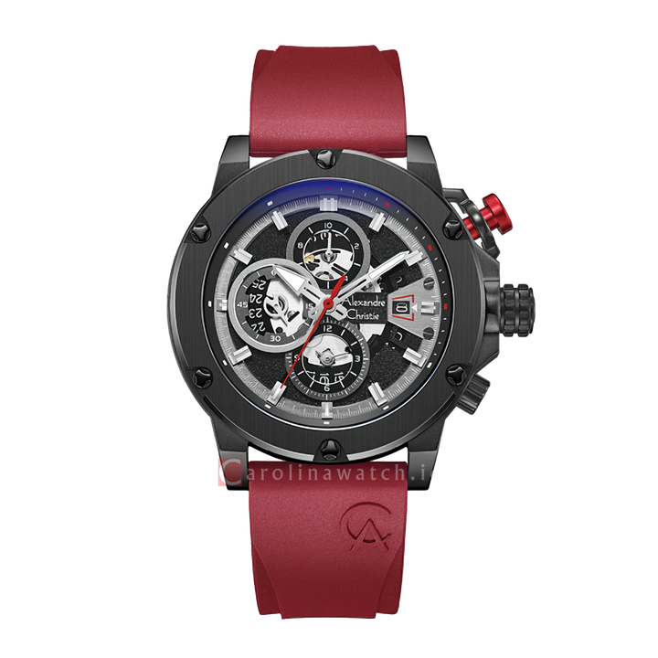 Jam Tangan Alexandre Christie Multifunction AC 6491 BCREPBARE Men Black Dial Red Rubber Strap