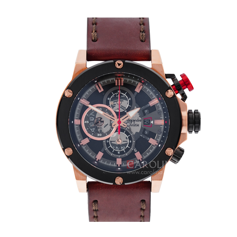 Jam Tangan Alexandre Christie Chronograph AC 6491 MCLBRBA Men Black Dial Brown Leather Strap