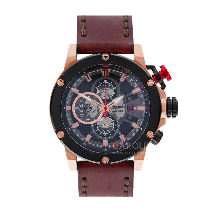 Jam Tangan Alexandre Christie Chronograph AC 6491 MCLBRBA Men Black Dial Brown Leather Strap