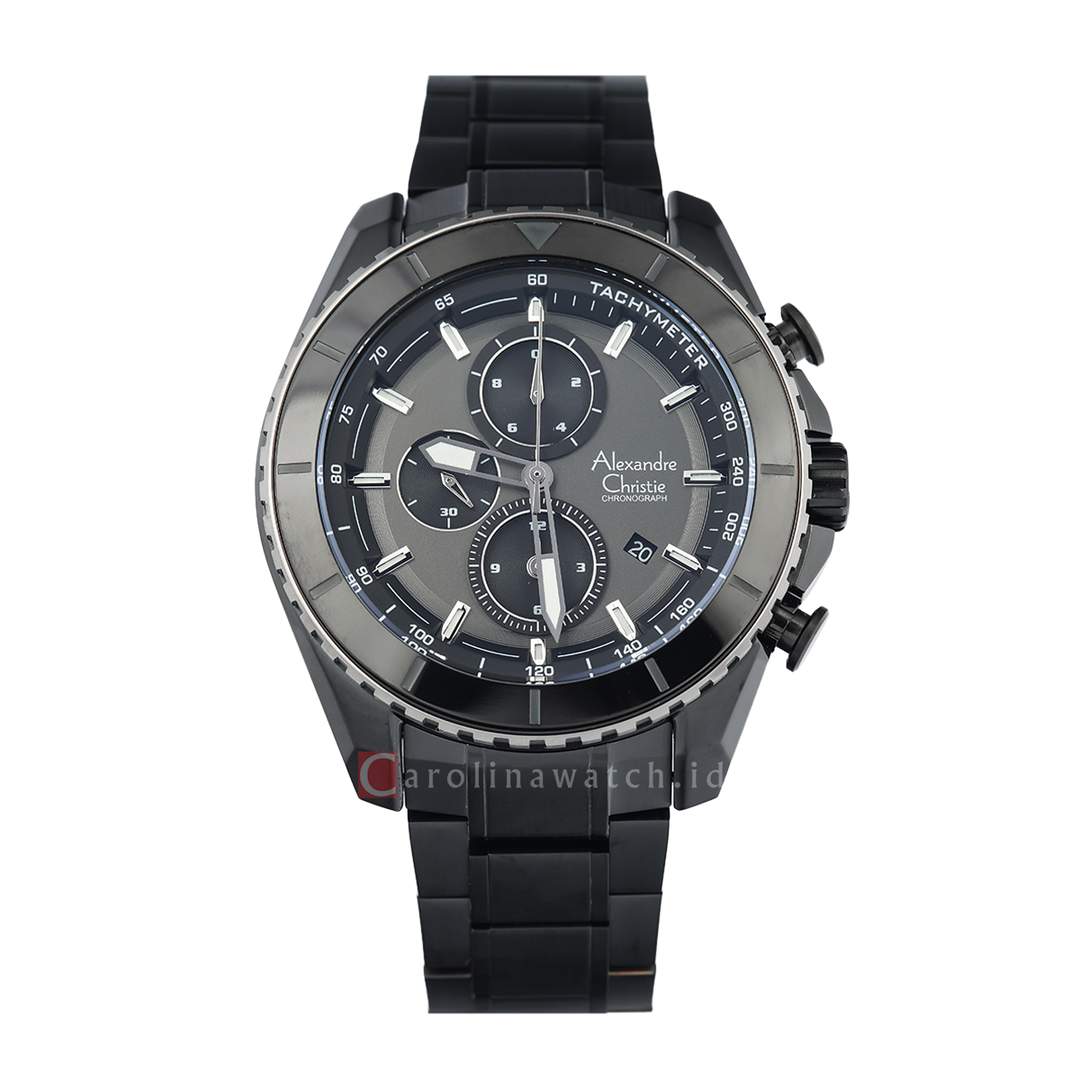 Jam Tangan Alexandre Christie Chronograph AC 6503 MCBIPBA Men Black Dial Black Stainless Steel Strap