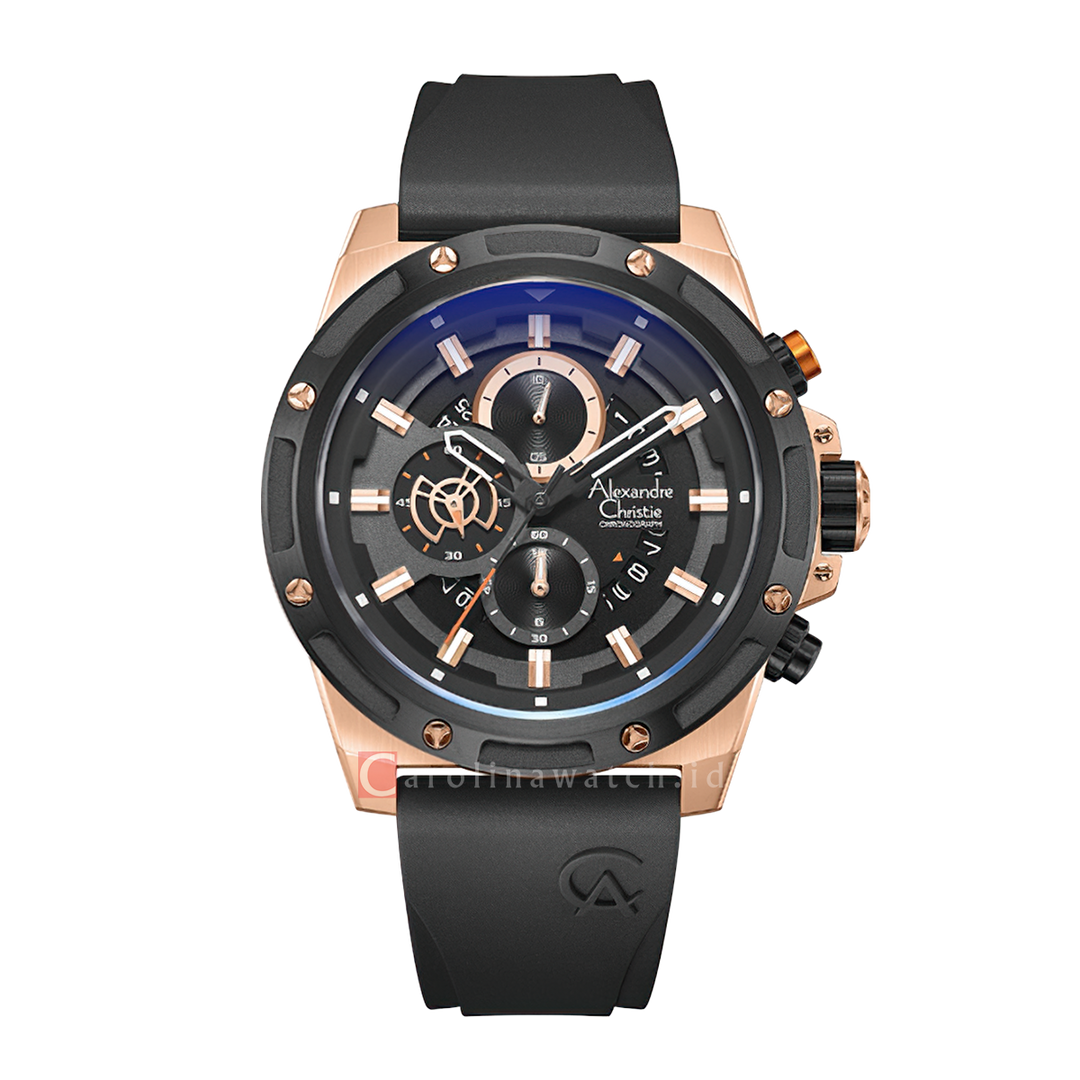 Jam Tangan Alexandre Christie Chronograph AC 6506 MCRBRBA Men Black Dial Black Rubber Strap