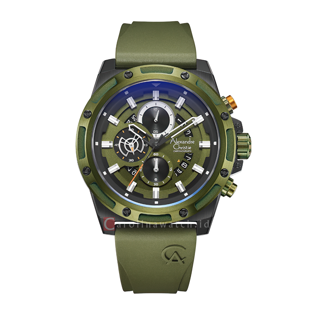 Jam Tangan Alexandre Christie Chronograph AC 6506 MCRGAGN Men Green Dial Green Rubber Strap