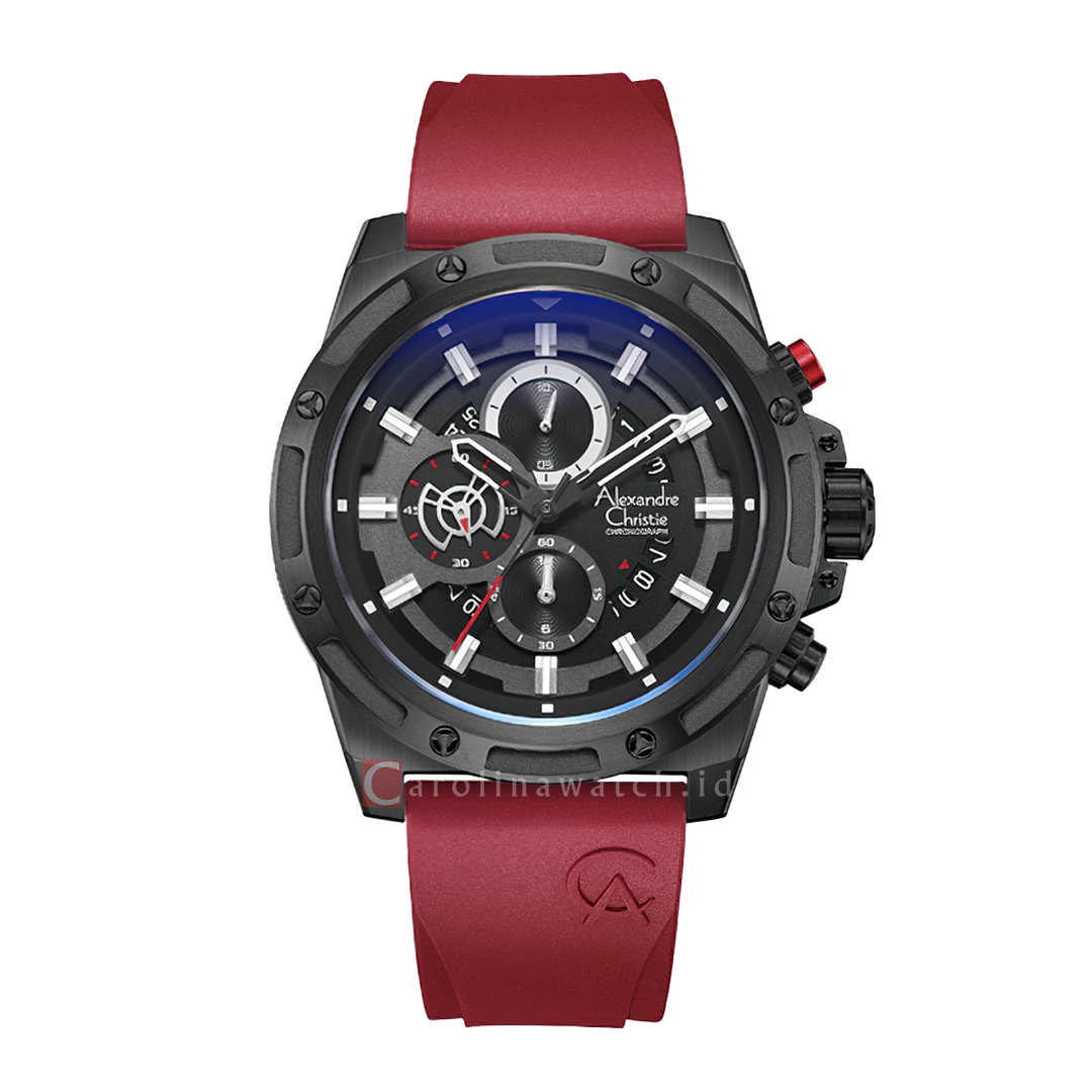 Jam Tangan Alexandre Christie Chronograph AC 6506 MCRIPBARE Men Black Dial Red Rubber Strap