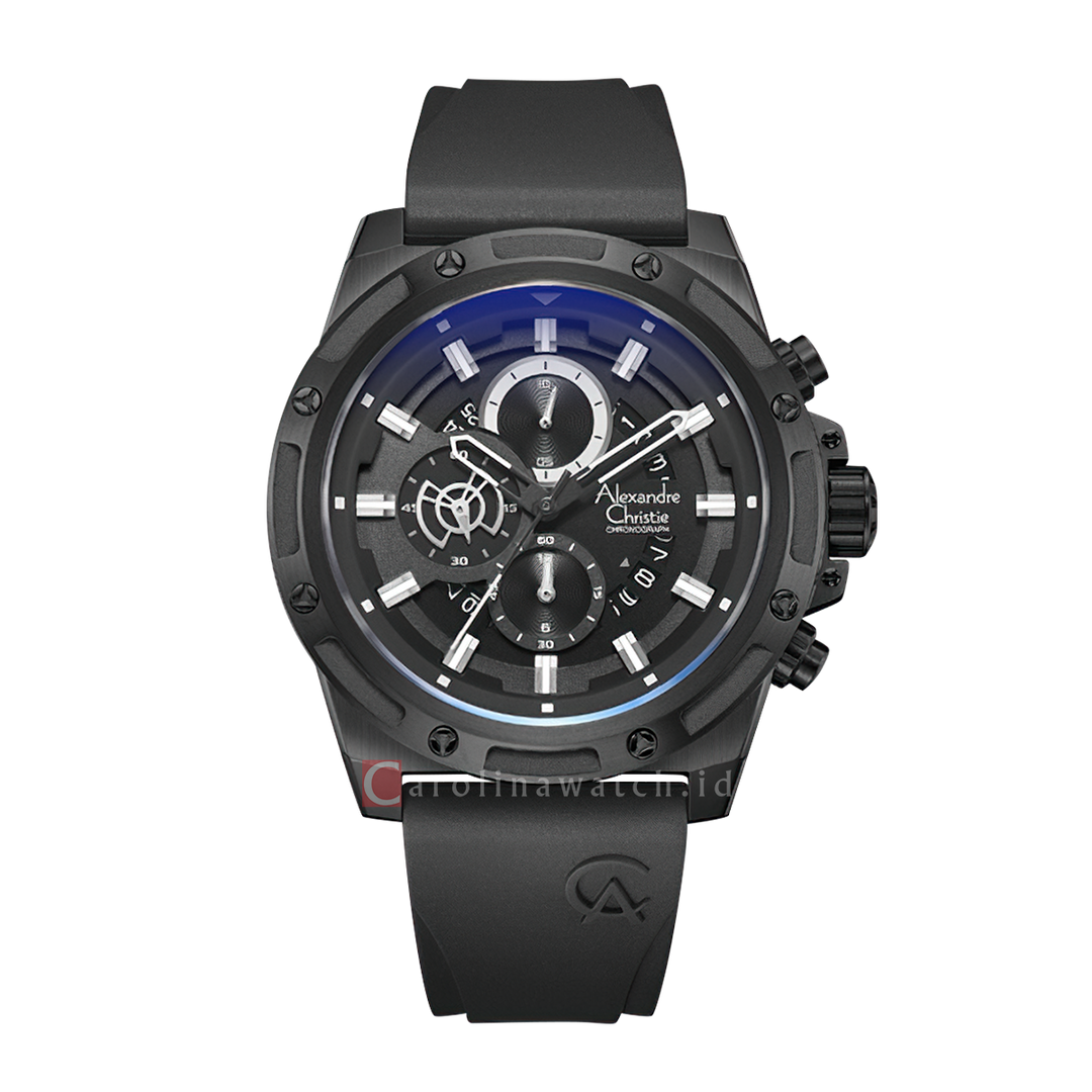 Jam Tangan Alexandre Christie Chronograph AC 6506 MCRIPBA Men Black Dial Black Rubber Strap