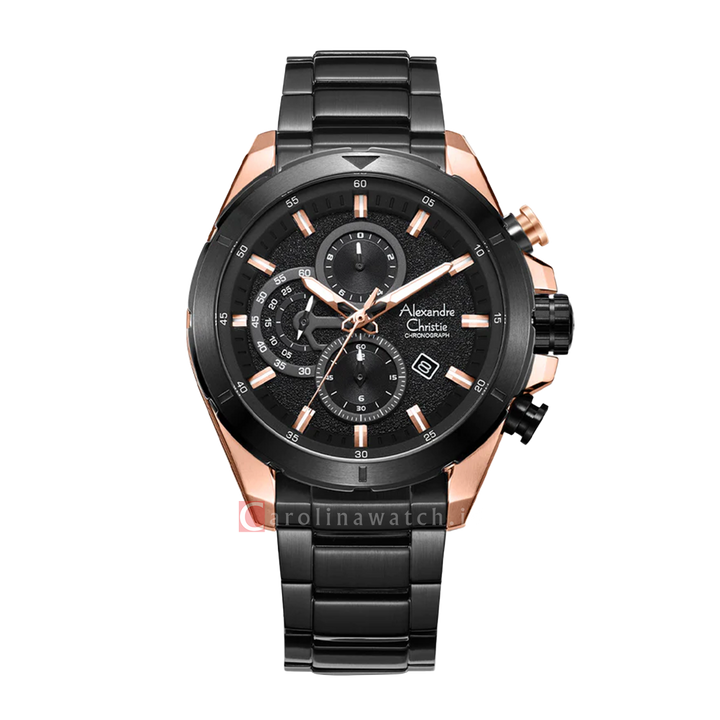 Jam Tangan Alexandre Christie Chronograph AC 6508 MCBBRBA Men Black Dial Black Stainless Steel Strap