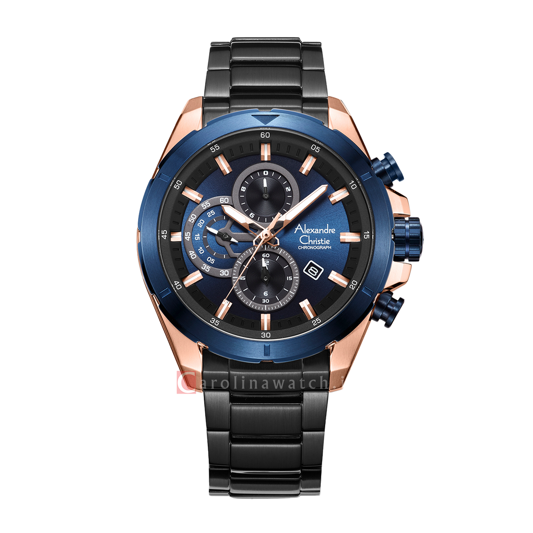 Jam Tangan Alexandre Christie Chronograph AC 6508 MCBBRBUBU Men Blue Dial Black Stainless Steel Strap