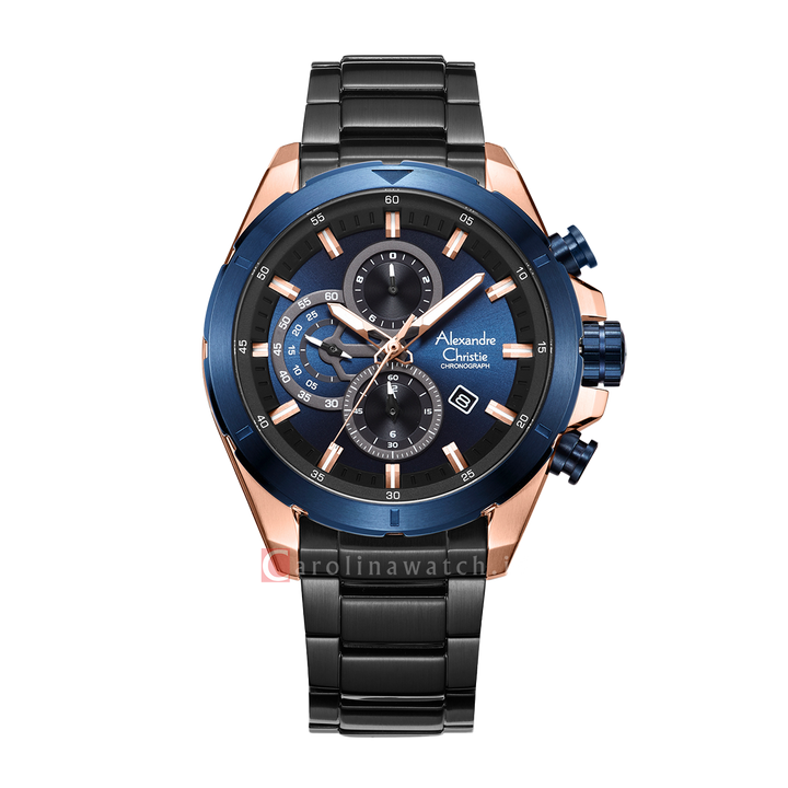 Jam Tangan Alexandre Christie Chronograph AC 6508 MCBBRBUBU Men Blue Dial Black Stainless Steel Strap