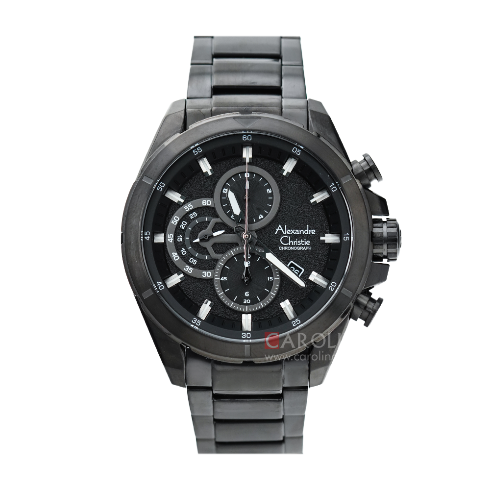 Jam Tangan Alexandre Christie Chronograph AC 6508 MCBIPBA Men Black Dial Black Stainless Steel Strap