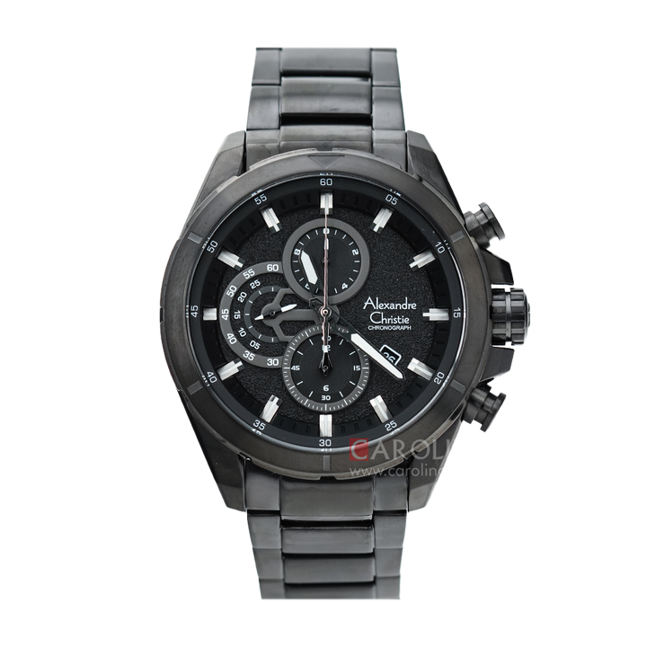 Jam Tangan Alexandre Christie Chronograph AC 6508 MCBIPBA Men Black Dial Black Stainless Steel Strap