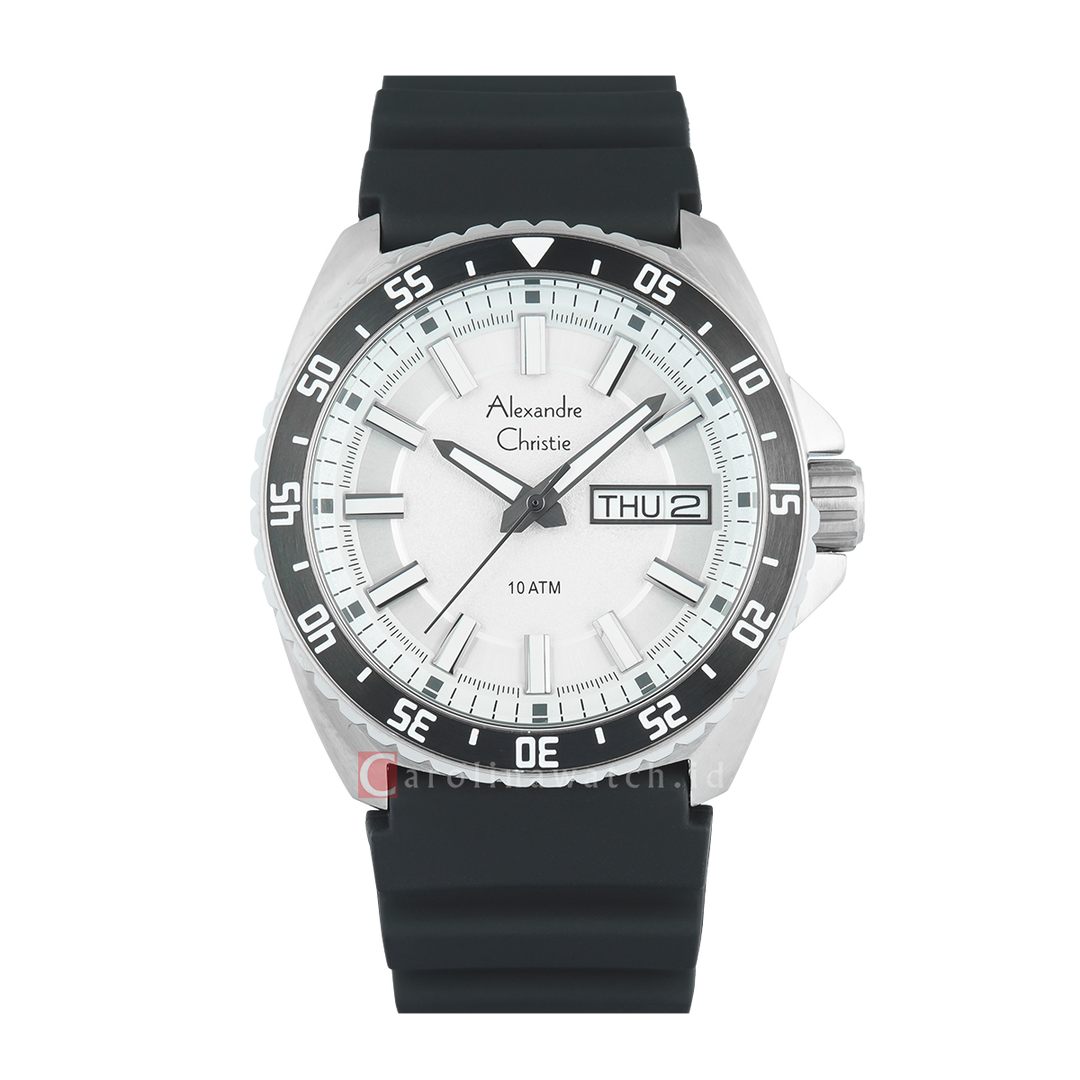 Jam Tangan Alexandre Christie AC 6541 MERTBSL Men Silver Dial Black Rubber Strap