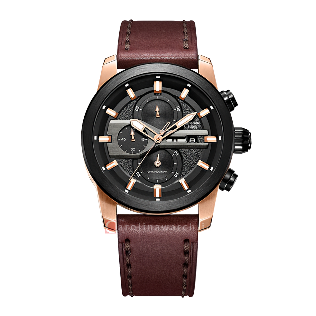 Jam Tangan Alexandre Christie Chronograph AC 6559 MCLBRBA Men Black Dial Brown Leather Strap