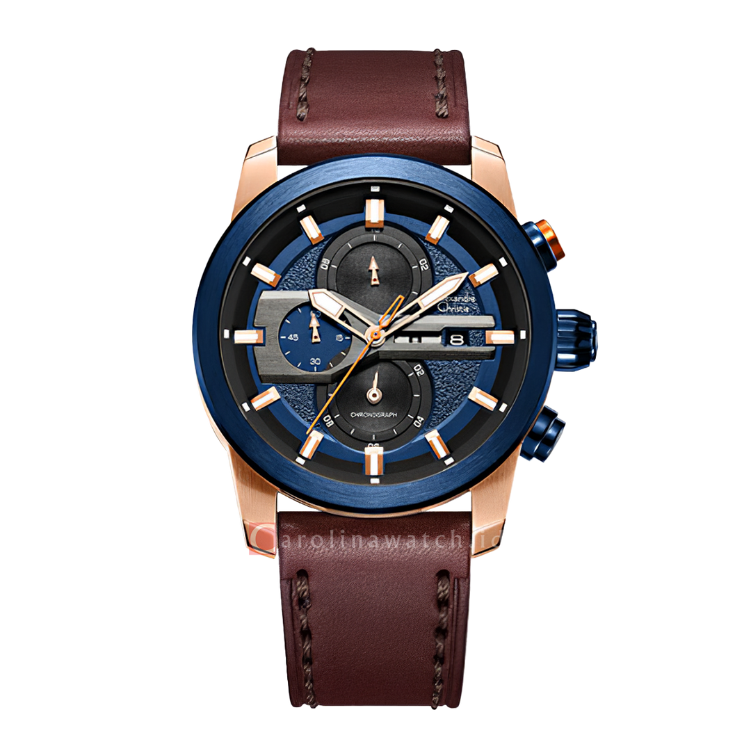 Jam Tangan Alexandre Christie Chronograph AC 6559 MCLURBU Men Blue Dial Brown Leather Strap