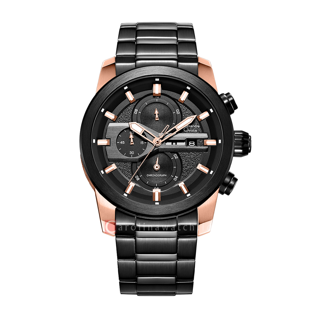 Jam Tangan Alexandre Christie Chronograph AC 6562 MCBBRBA Men Black Dial Black Stainless Steel Strap