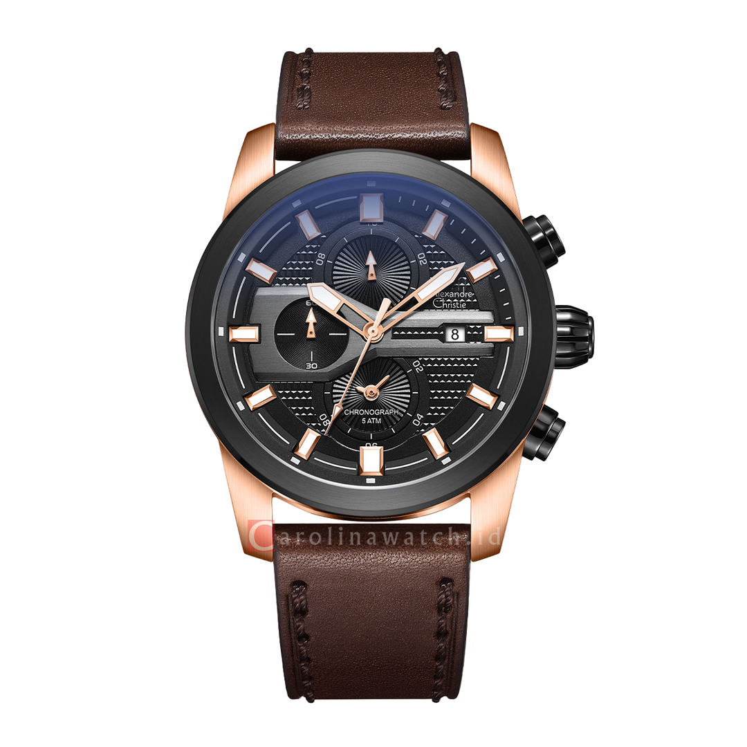 Jam Tangan Alexandre Christie Chronograph AC 6562 MCLBRBA Men Black Dial Brown Leather Strap