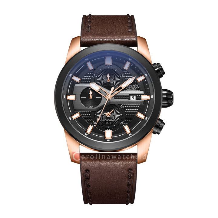 Jam Tangan Alexandre Christie Chronograph AC 6562 MCLBRBA Men Black Dial Brown Leather Strap