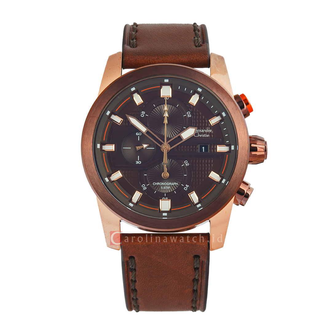 Jam Tangan Alexandre Christie AC 6562 MCLROBO Men Analog Dial Brown Leather Strap